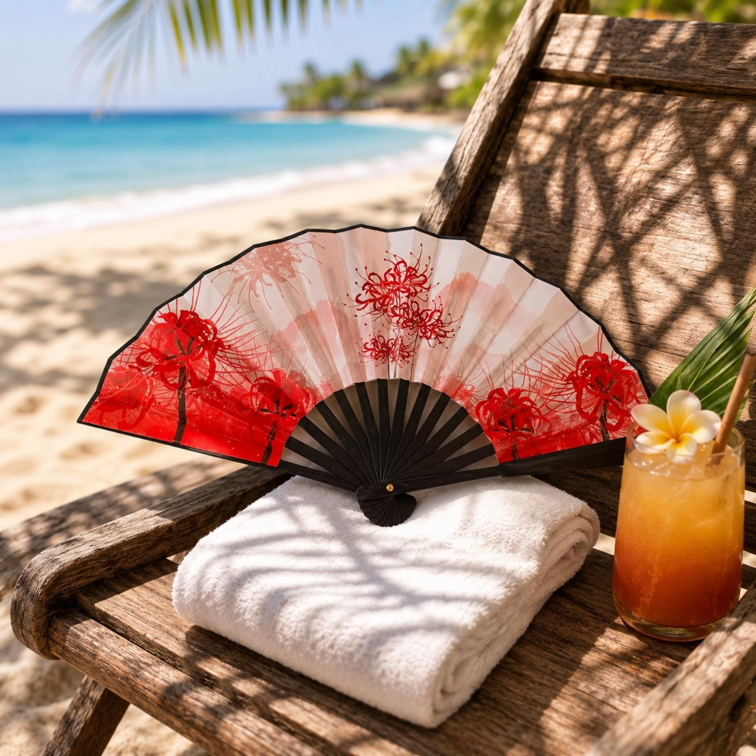 Red Spider Lily Floral Folding Hand Fan - Image 2