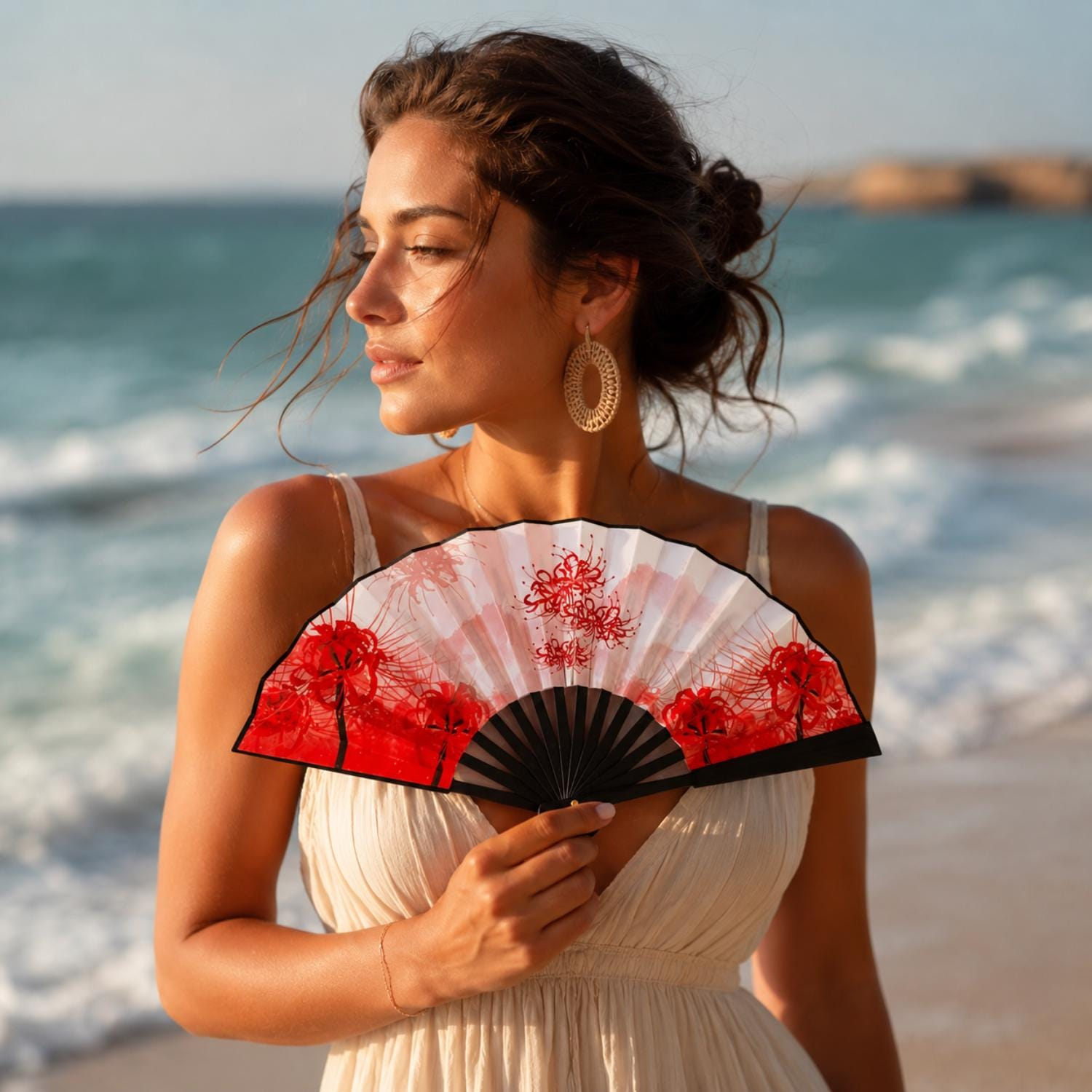 Red Spider Lily Floral Folding Hand Fan - Image 3