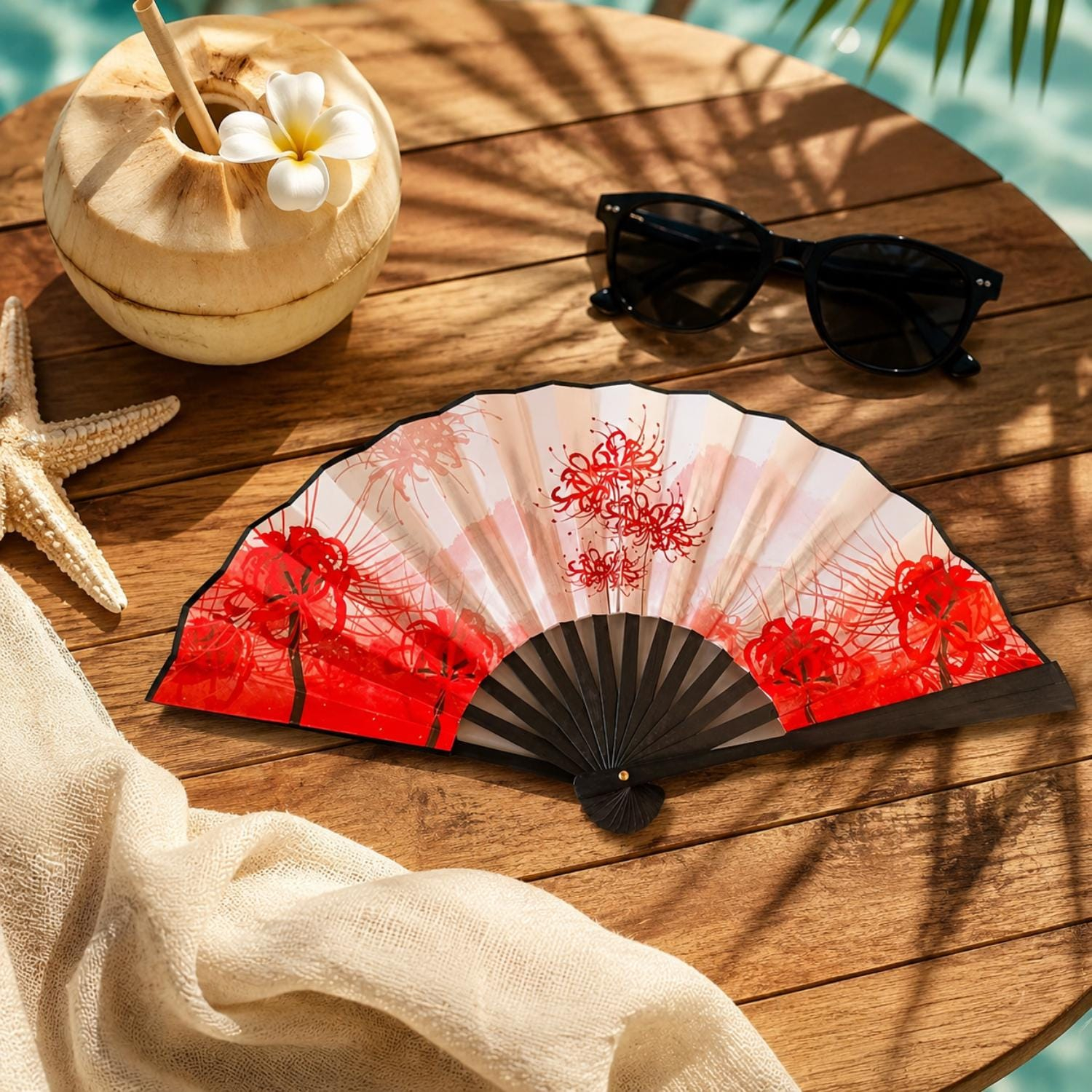 Red Spider Lily Floral Folding Hand Fan - Image 4