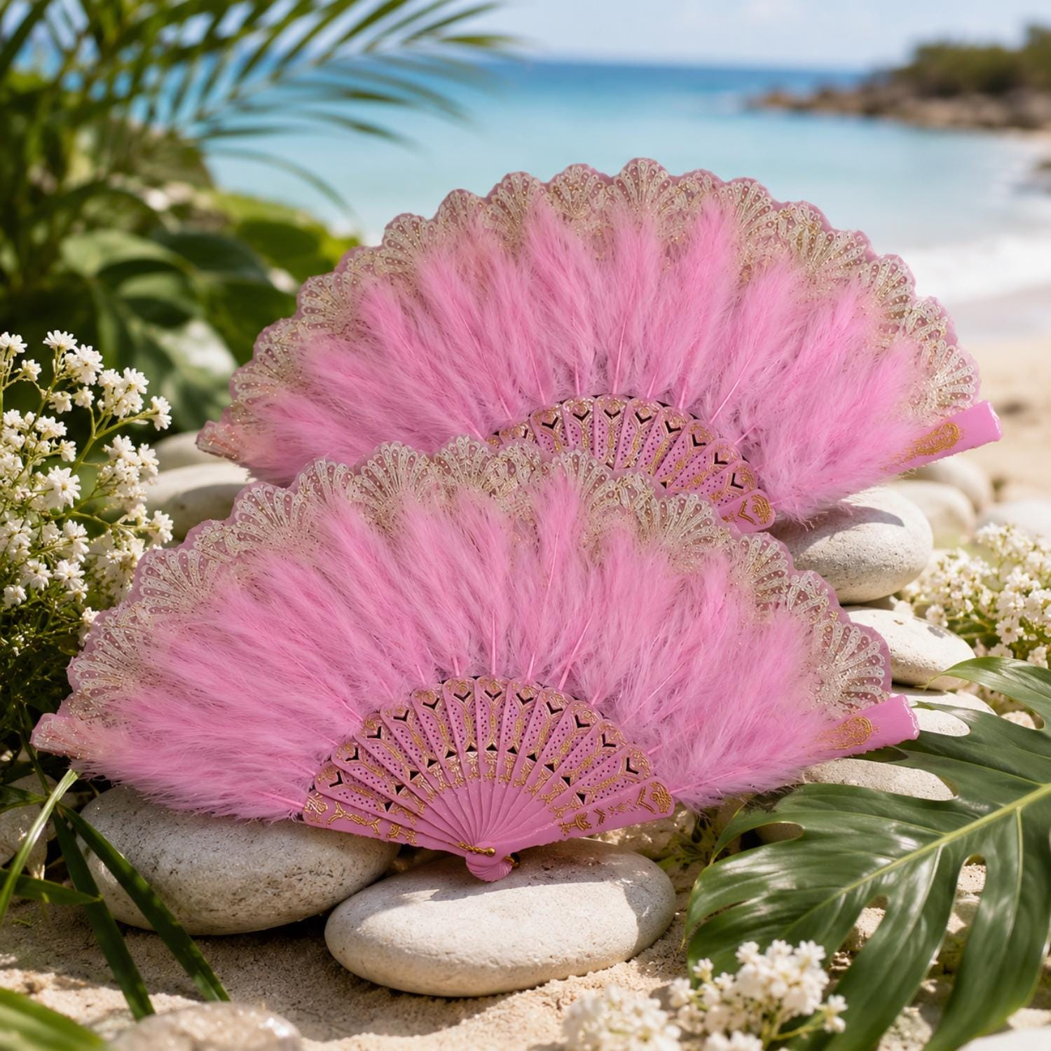 Pink Feather and Lace Folding Hand Fan - Image 2