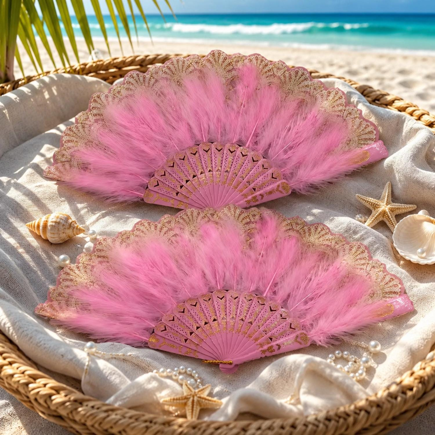 Pink Feather and Lace Folding Hand Fan - Image 3