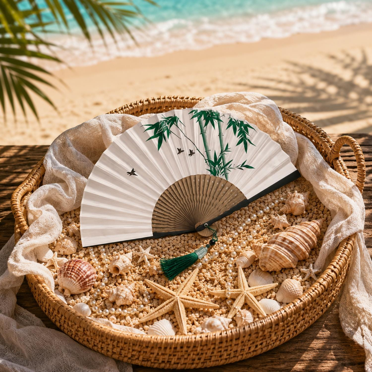 Green Bamboo and Flying Birds Folding Hand Fan