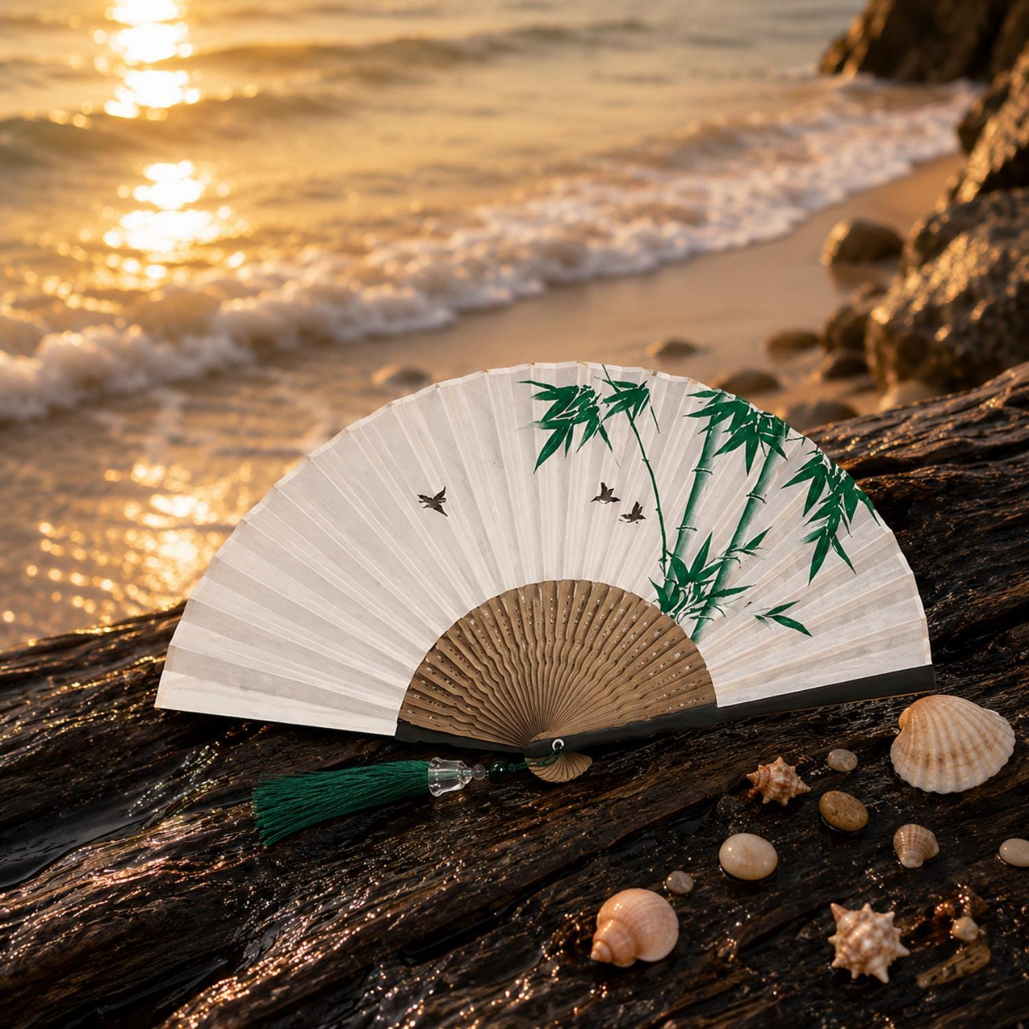 Green Bamboo and Flying Birds Folding Hand Fan - Image 2