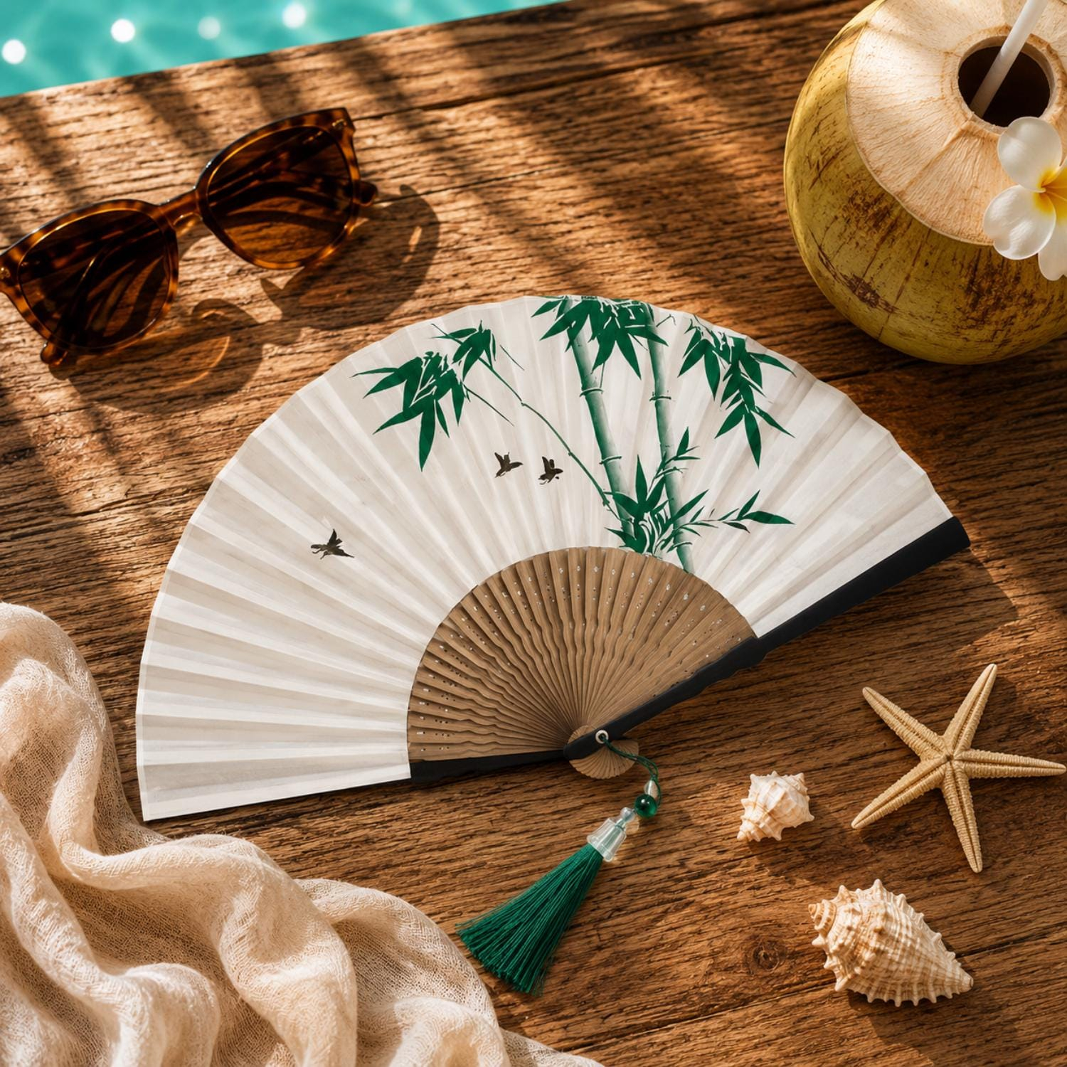Green Bamboo and Flying Birds Folding Hand Fan - Image 3