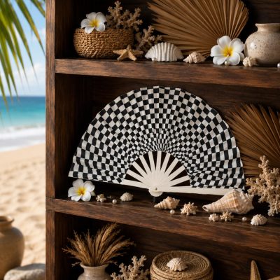 Black and White Checkered Folding Hand Fan