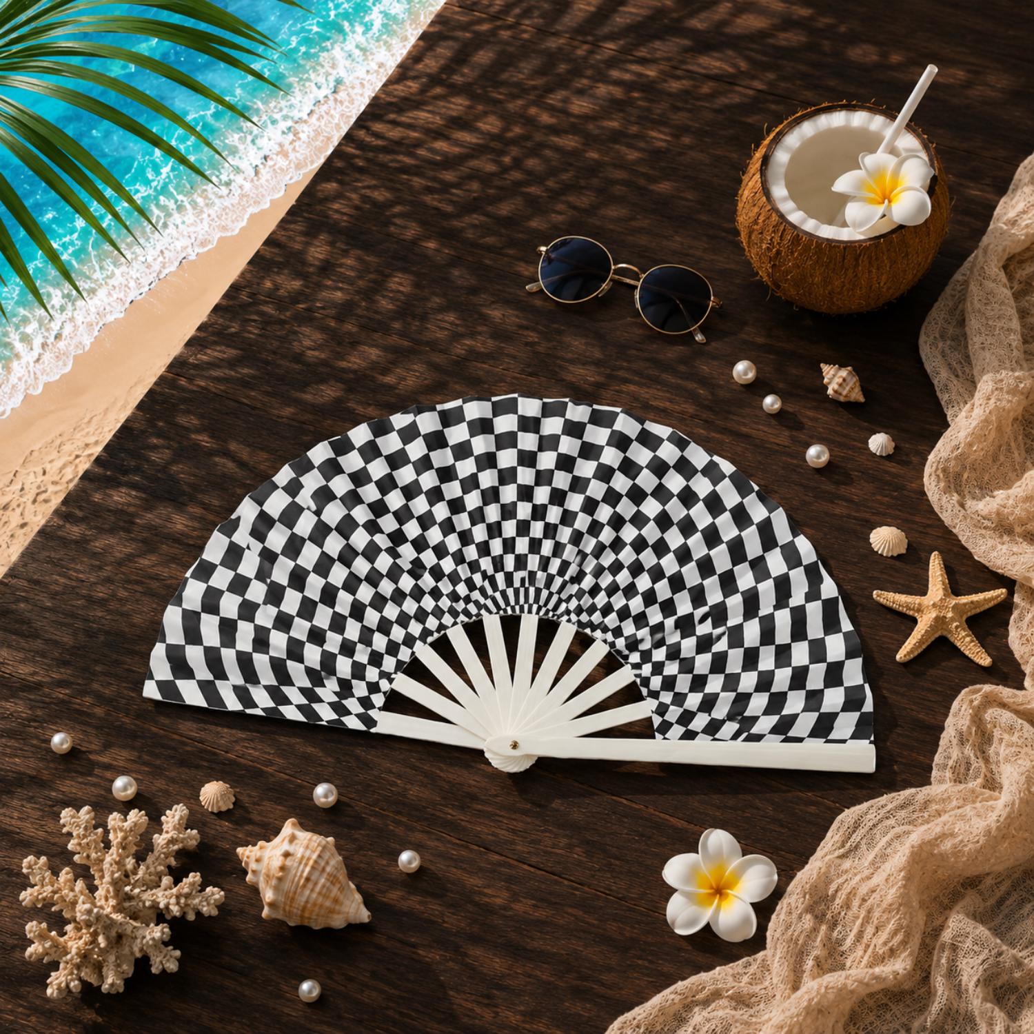 Black and White Checkered Folding Hand Fan - Image 3