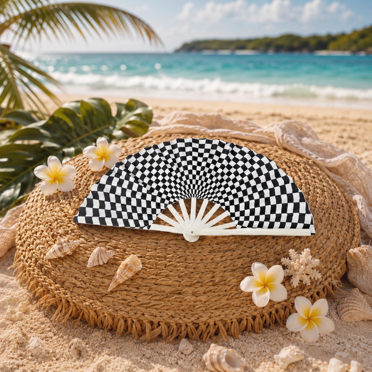 Black and White Checkered Folding Hand Fan - Image 2
