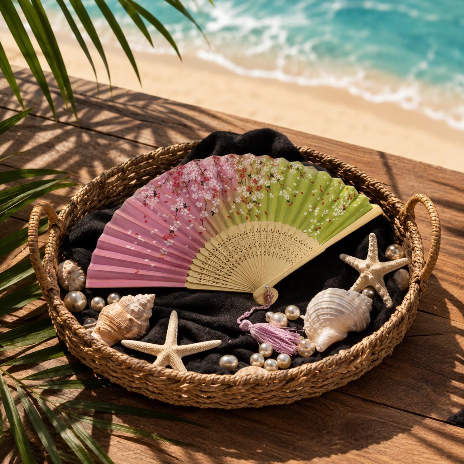 Pink and Green Cherry Blossom Folding Hand Fan - Image 2