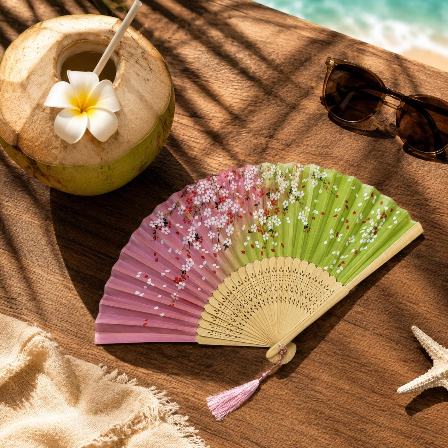 Pink and Green Cherry Blossom Folding Hand Fan - Image 3