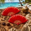 Red Feather and Lace Folding Hand Fan