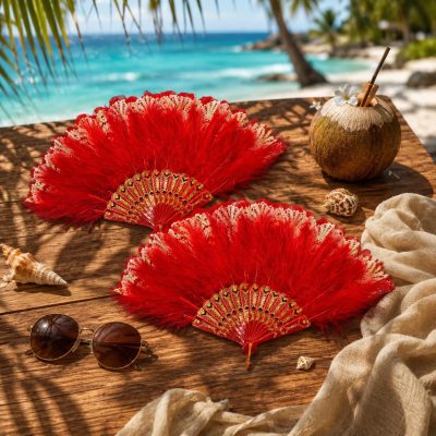 Red Feather and Lace Folding Hand Fan