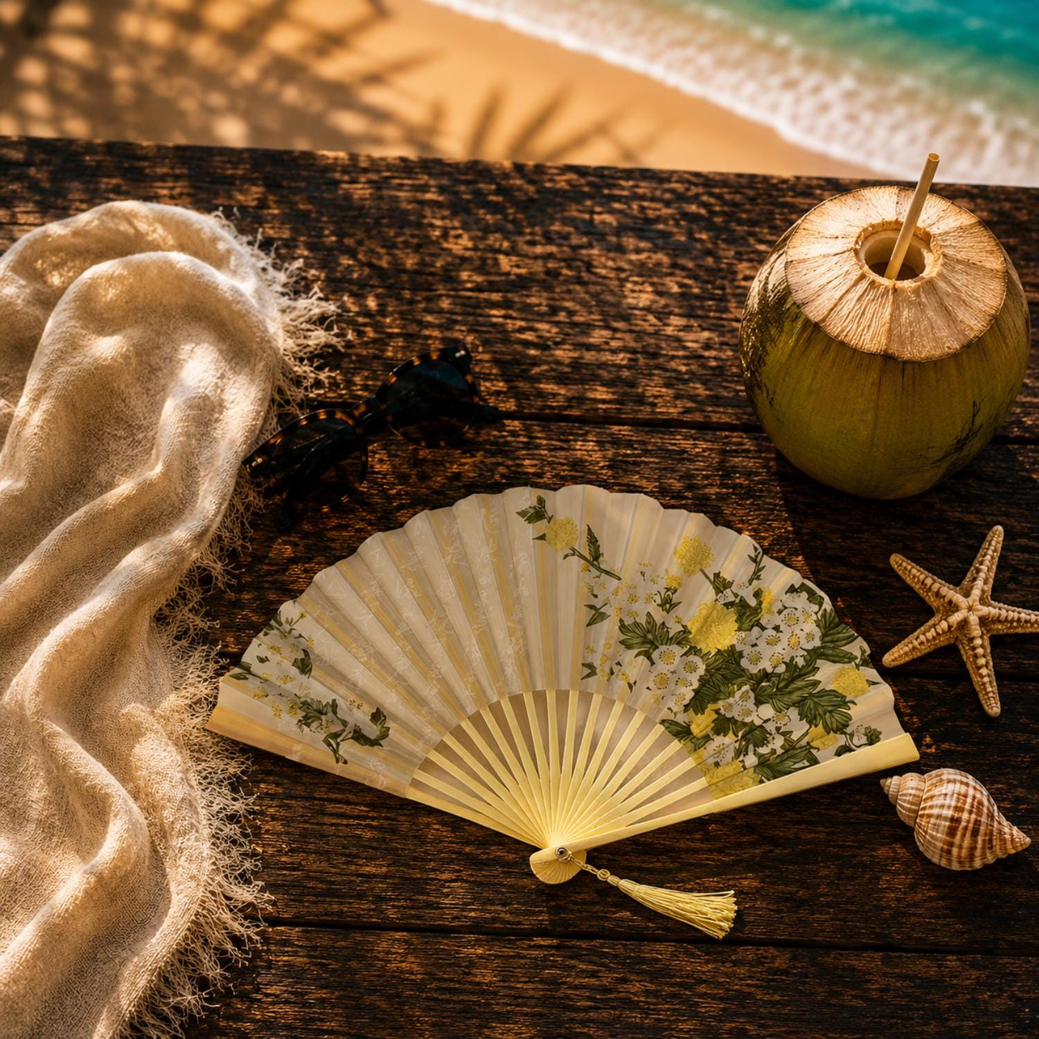 Ivory and Yellow Wildflower Folding Hand Fan - Image 2