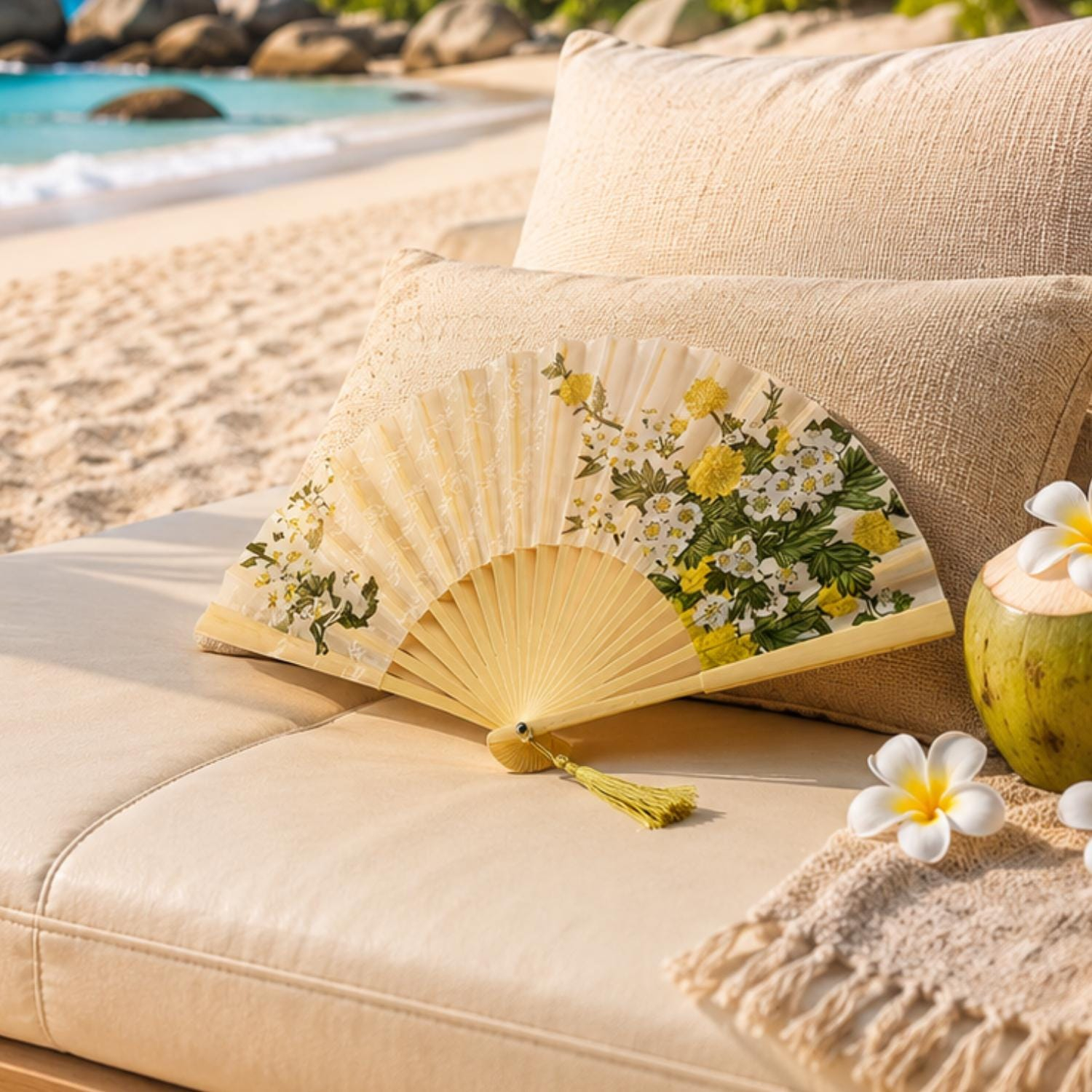 Ivory and Yellow Wildflower Folding Hand Fan - Image 3