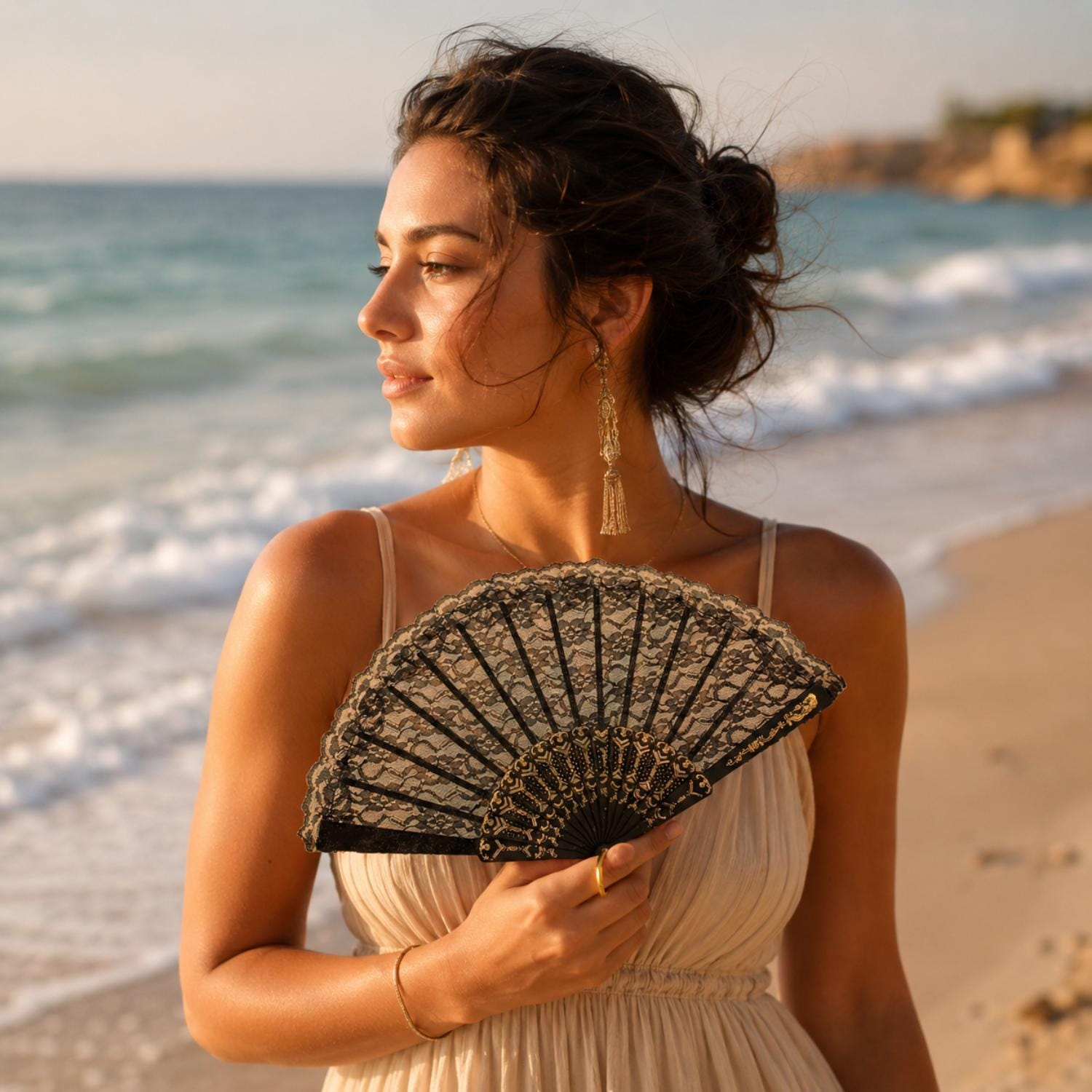Black Lace Vintage Folding Hand Fan - Image 3