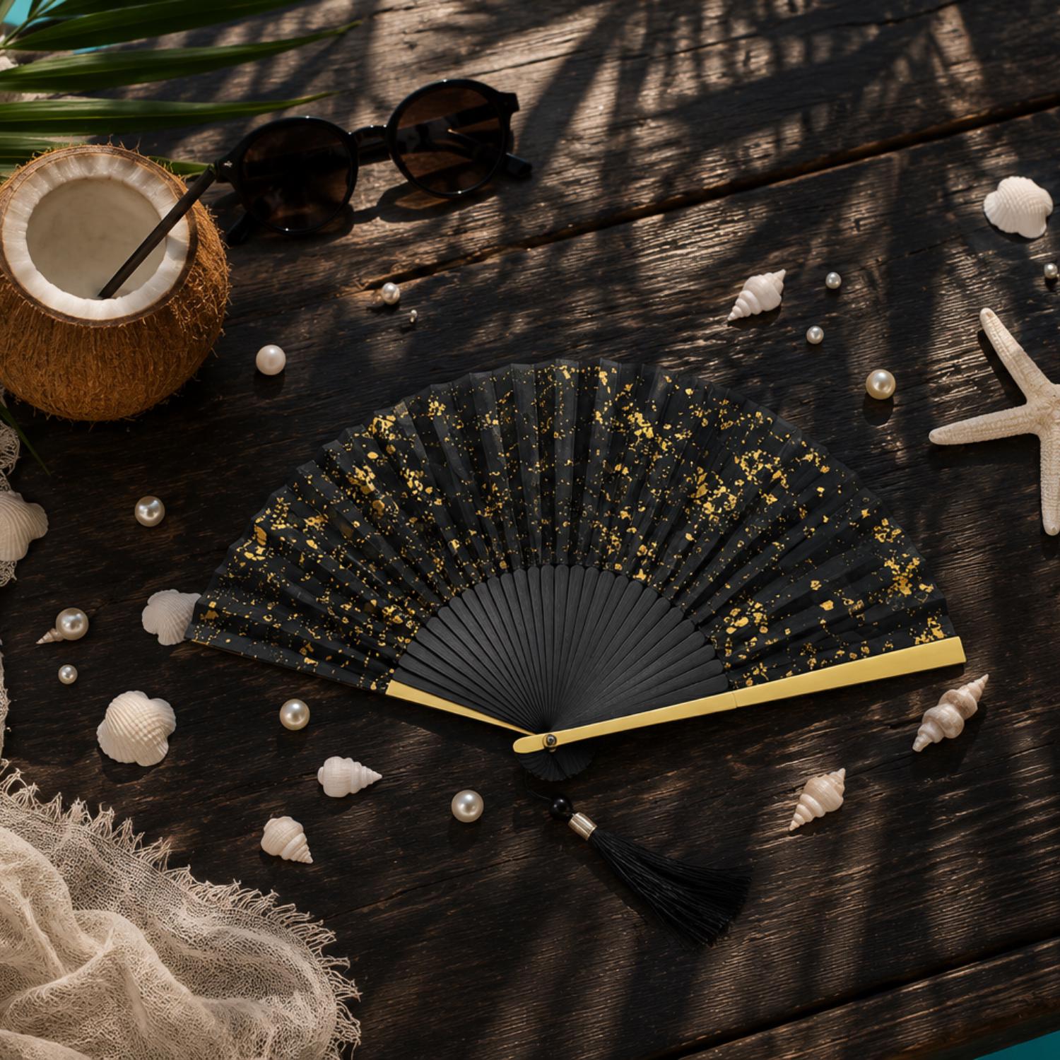 Black and Gold Foil Folding Hand Fan