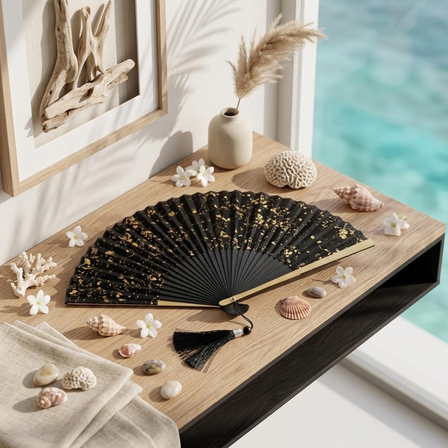 Black and Gold Foil Folding Hand Fan - Image 2