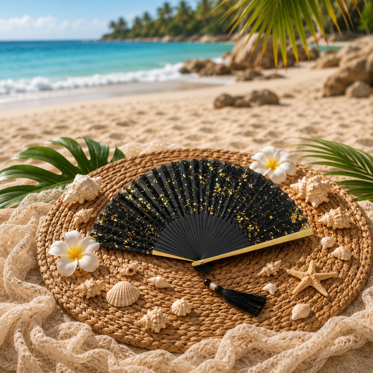 Black and Gold Foil Folding Hand Fan - Image 3