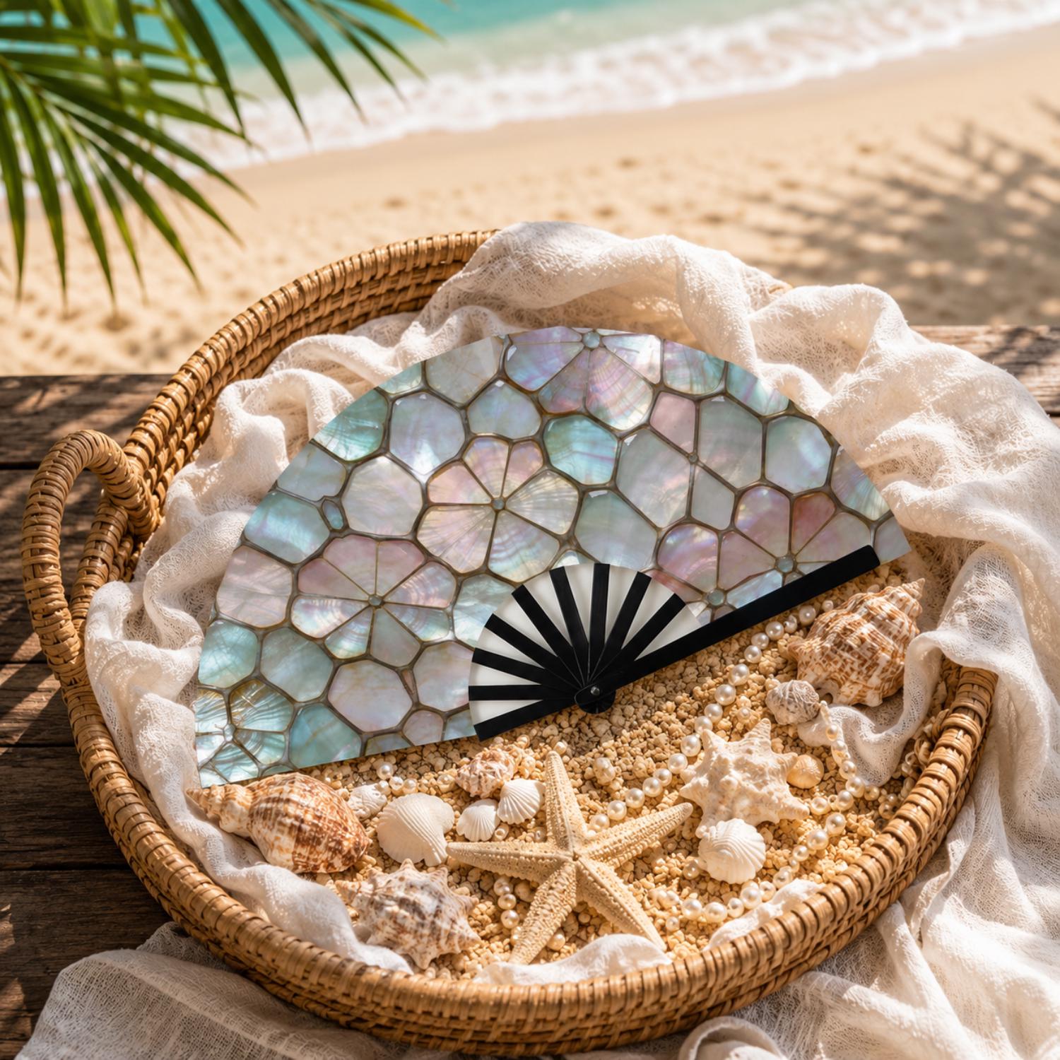 Iridescent Shell Mosaic Oversized Folding Hand Fan - Image 2