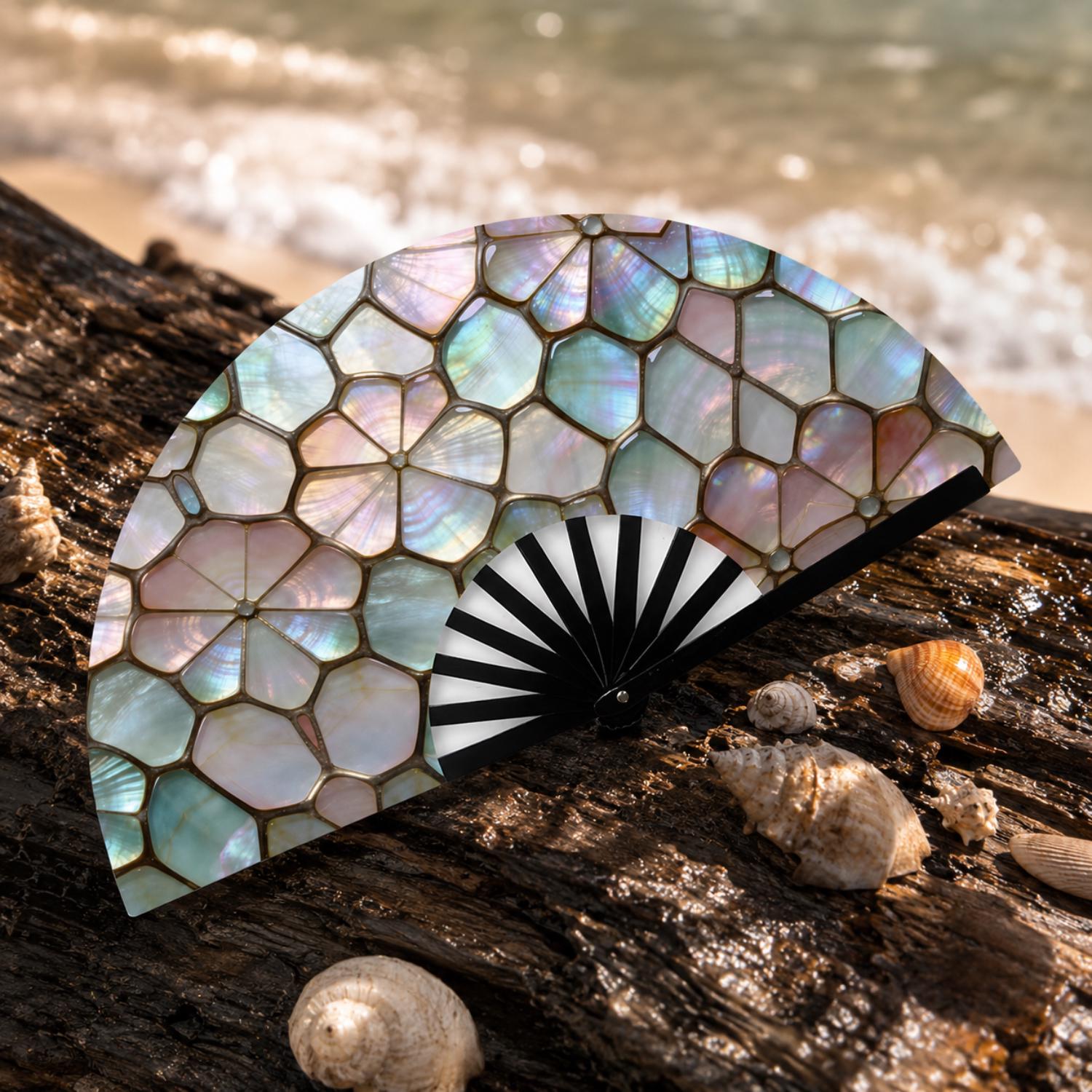 Iridescent Shell Mosaic Oversized Folding Hand Fan