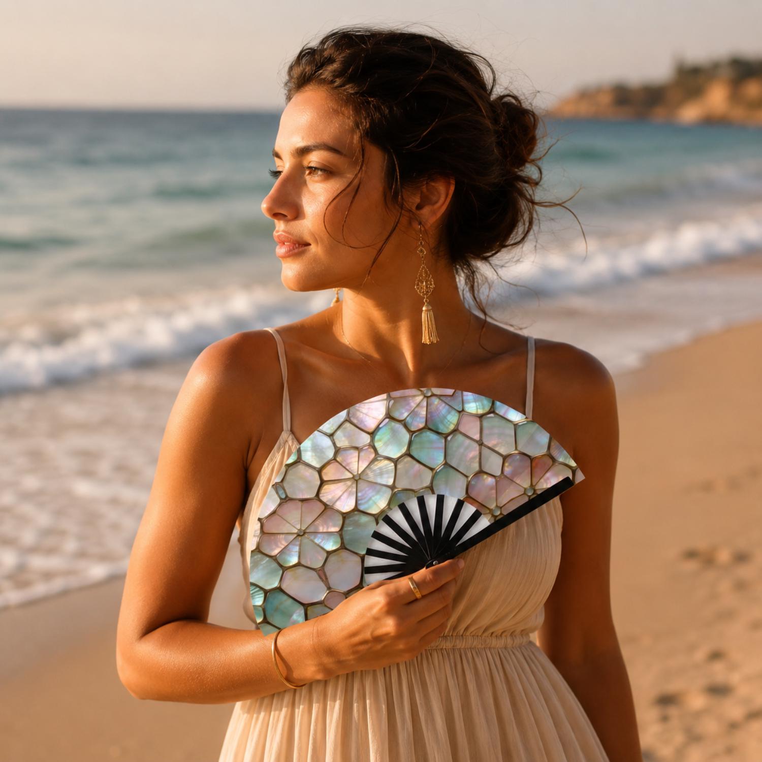 Iridescent Shell Mosaic Oversized Folding Hand Fan - Image 4