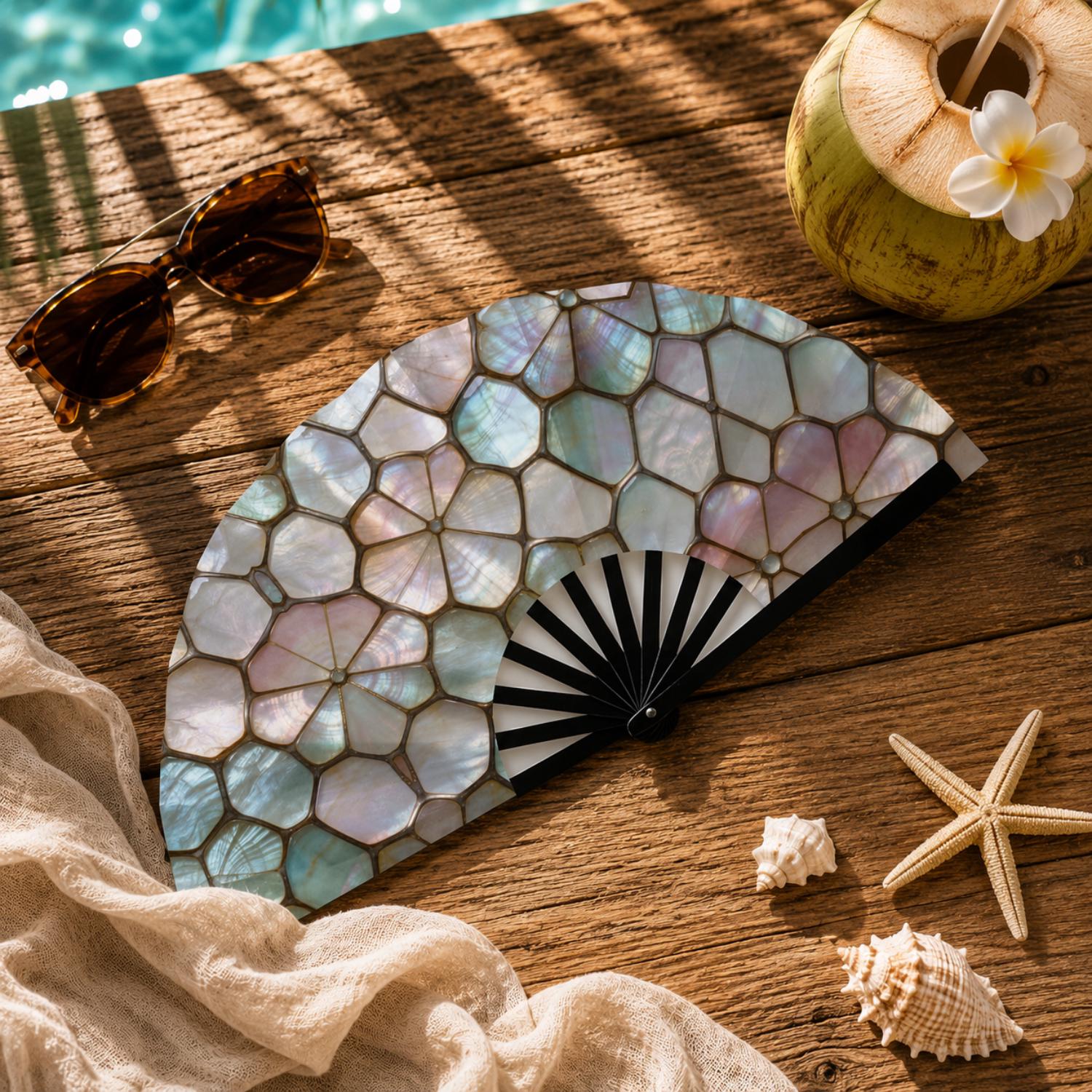 Iridescent Shell Mosaic Oversized Folding Hand Fan - Image 3