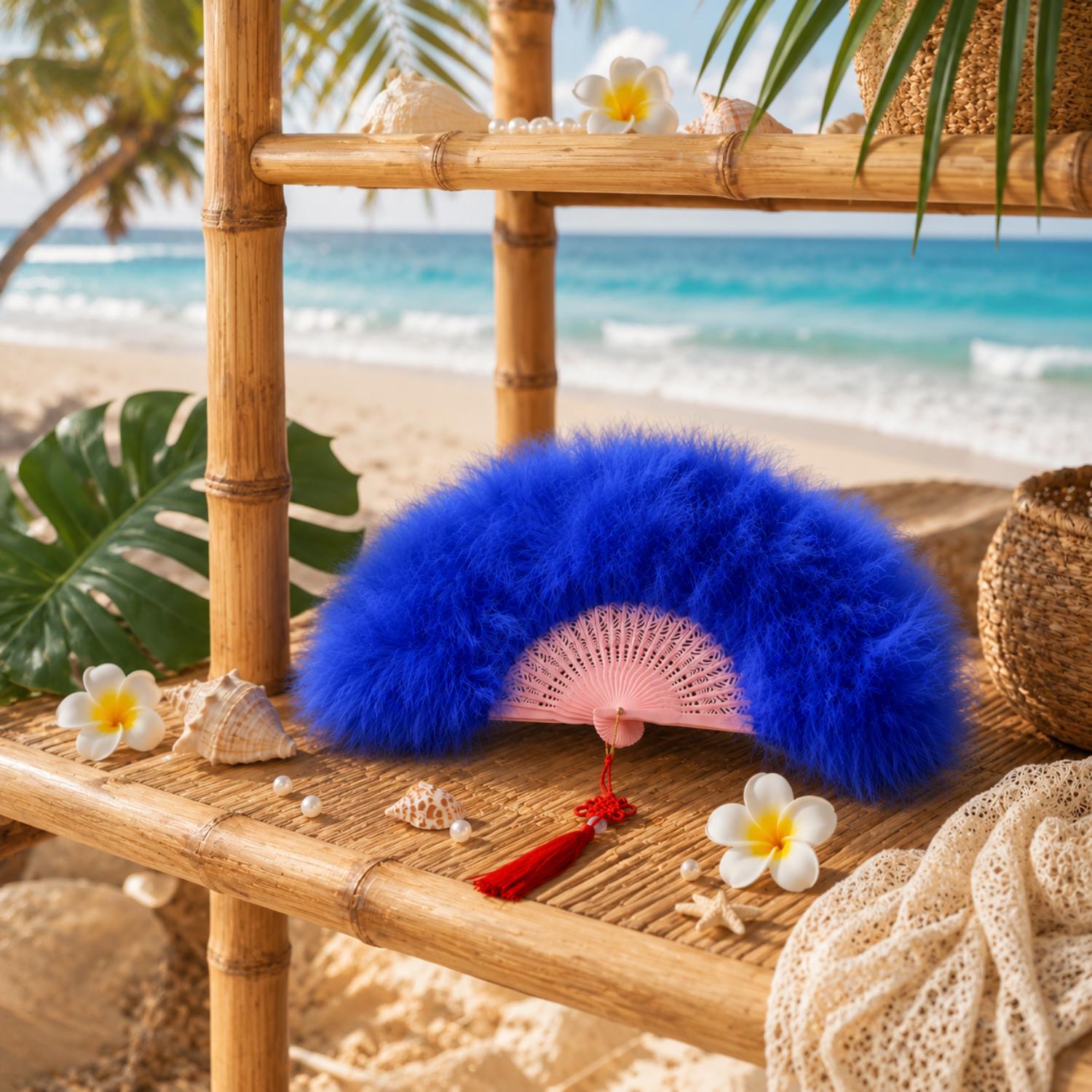 Royal Blue Feather Folding Hand Fan - Image 2