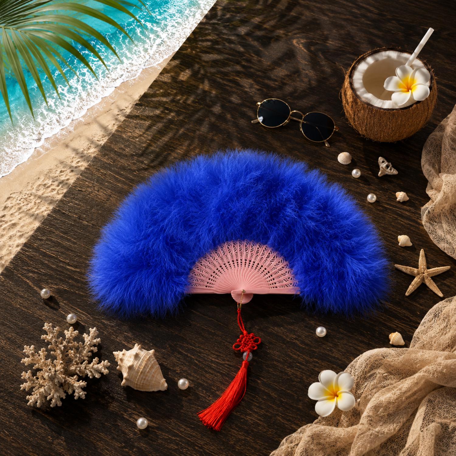 Royal Blue Feather Folding Hand Fan - Image 3