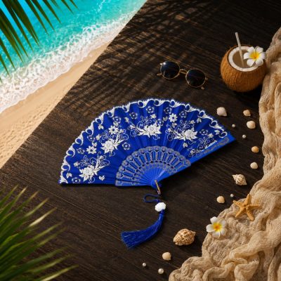 Royal Blue and White Floral Lace Folding Hand Fan