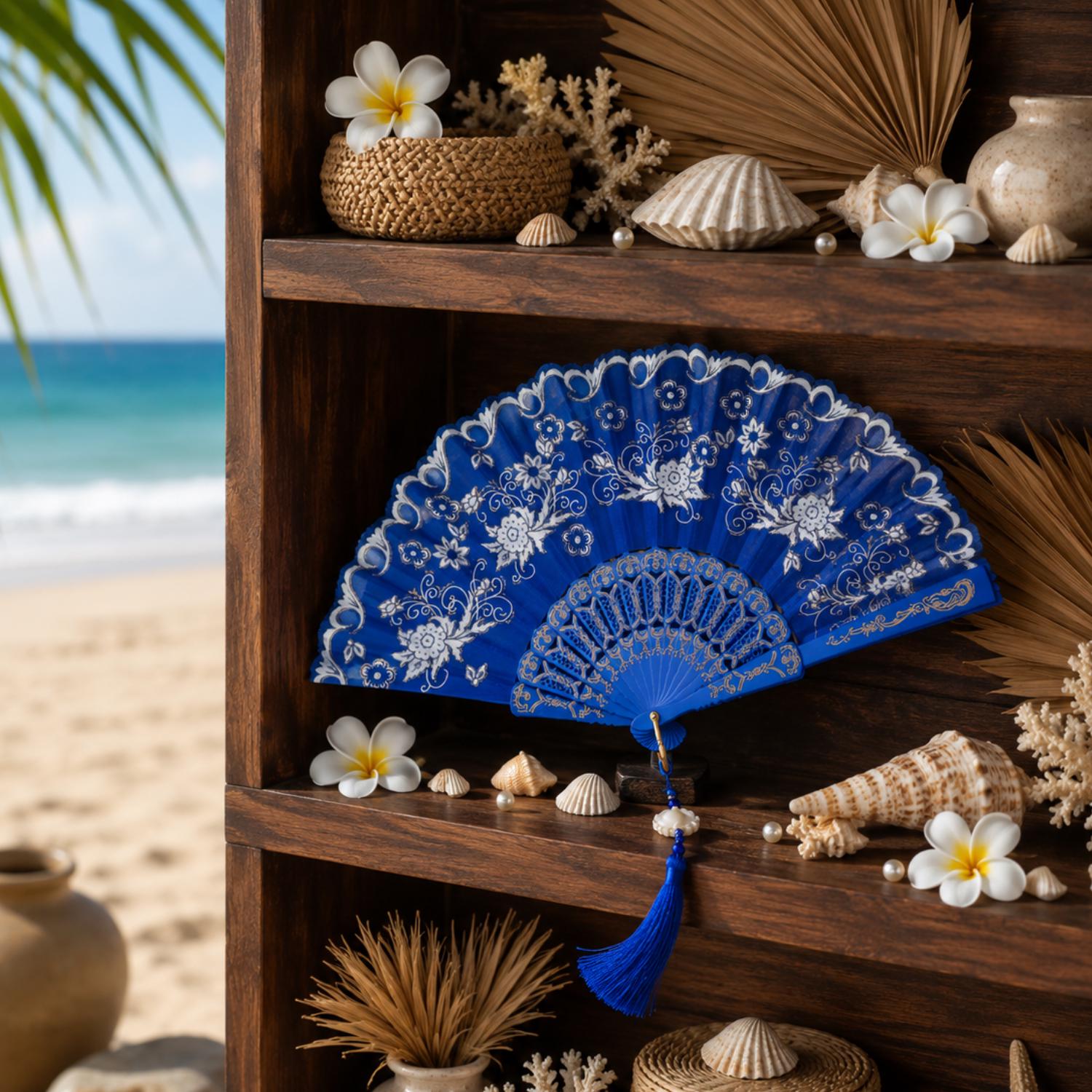 Royal Blue and White Floral Lace Folding Hand Fan - Image 4