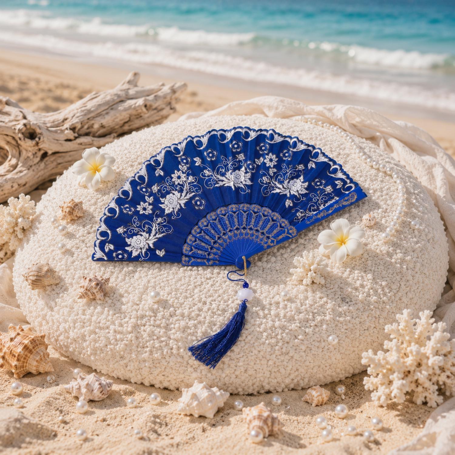 Royal Blue and White Floral Lace Folding Hand Fan - Image 3