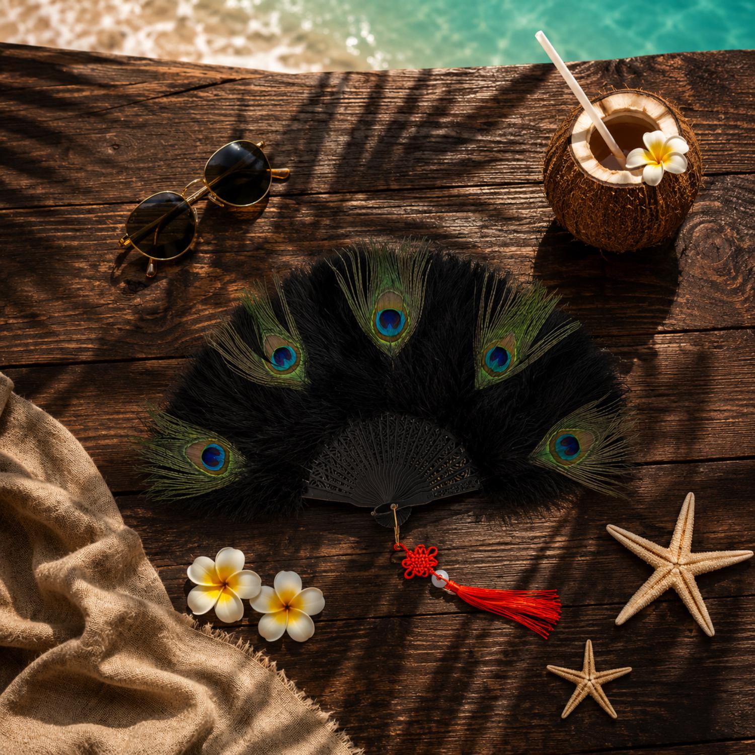 lack Peacock Feather Folding Hand Fan - Image 5