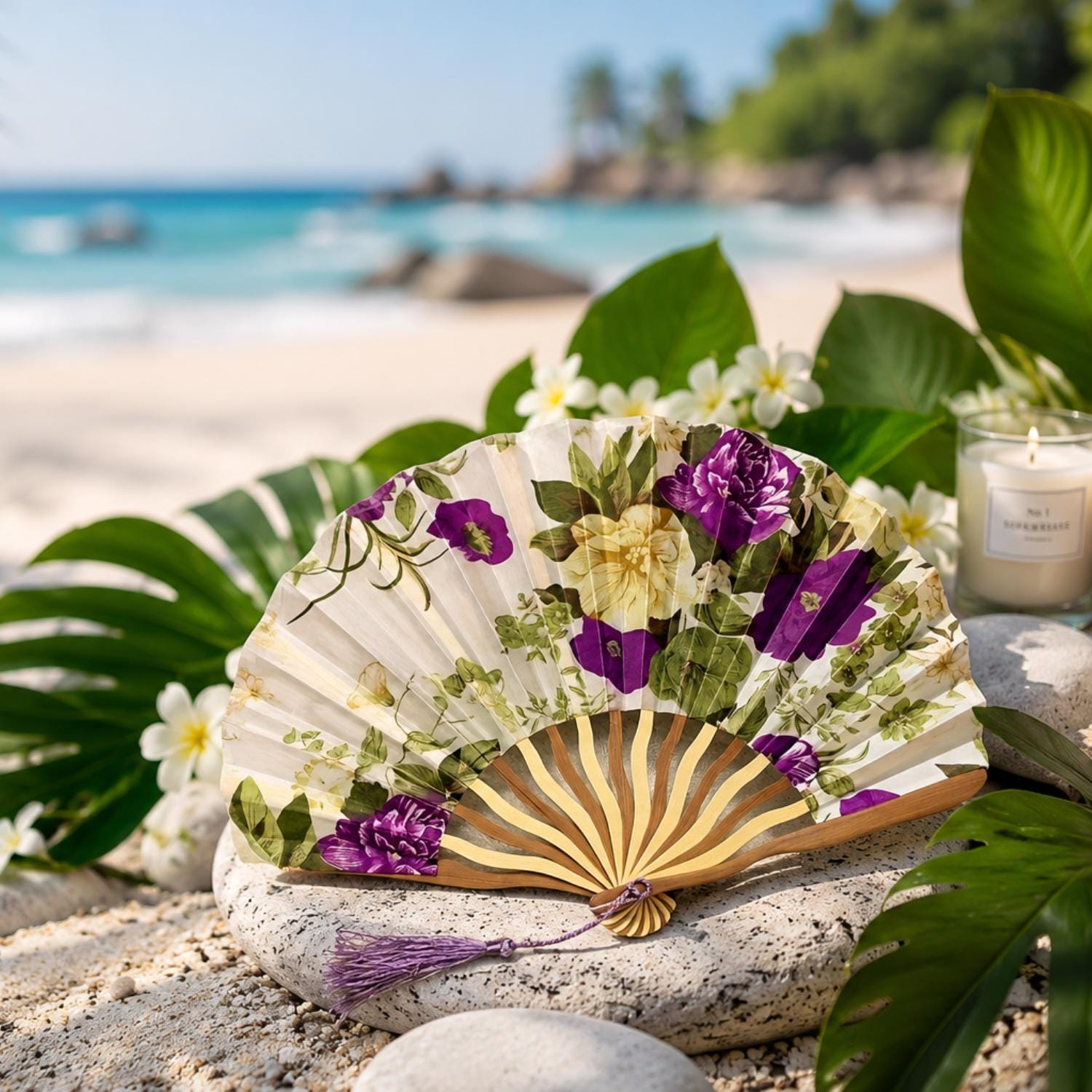 Purple Floral Bouquet Folding Hand Fan - Image 2