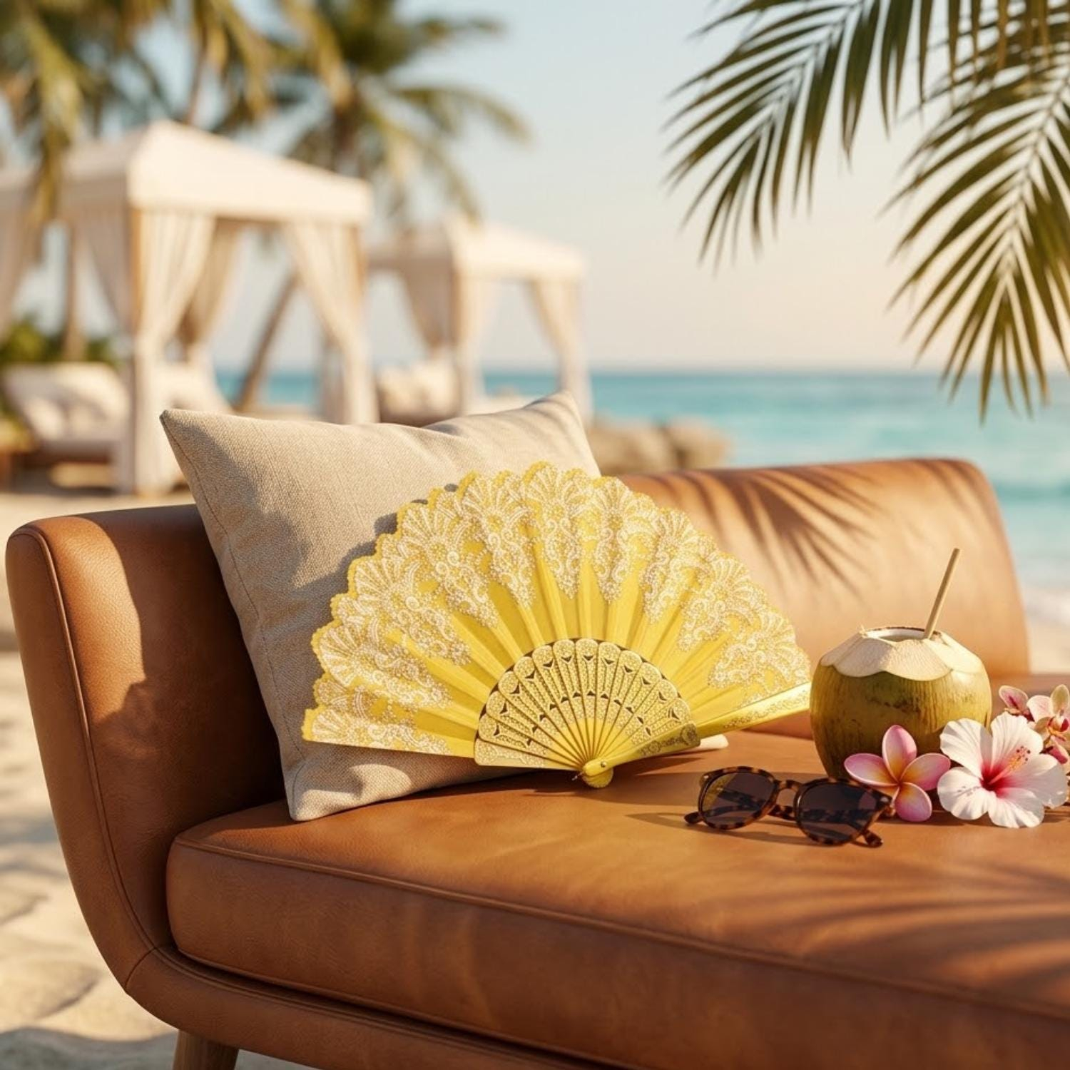 Yellow Lace Floral Folding Hand Fan - Image 2