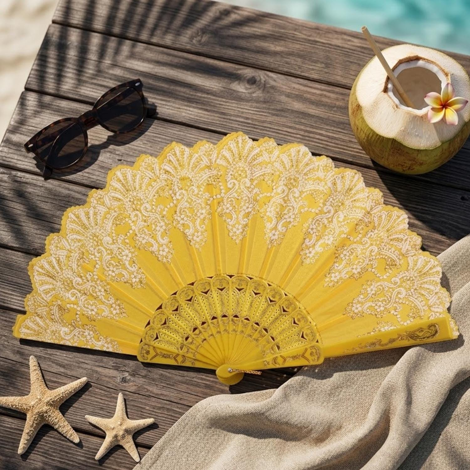 Yellow Lace Floral Folding Hand Fan - Image 3