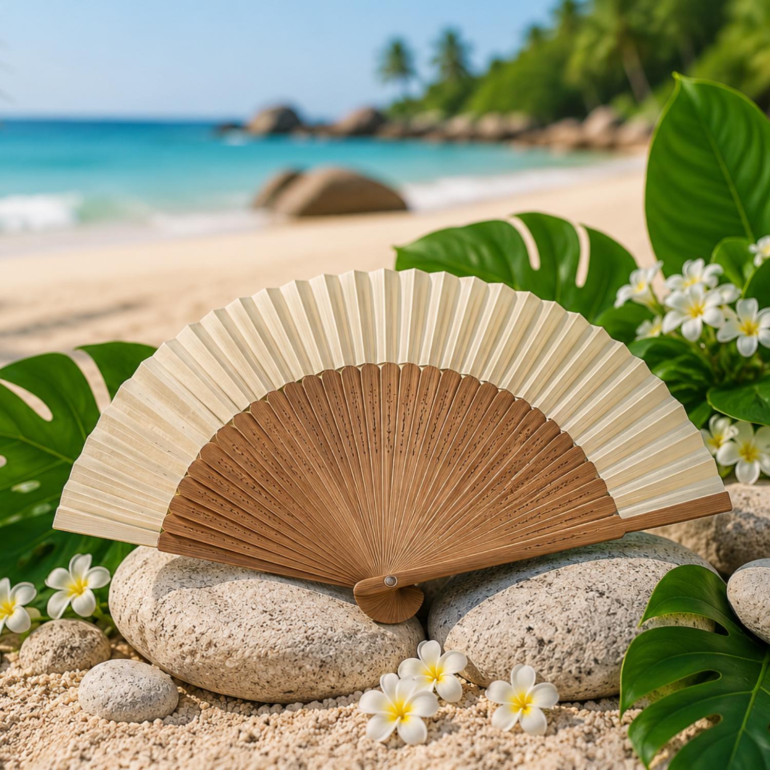 Natural Brown and Ivory Minimalist Folding Hand Fan - Image 2