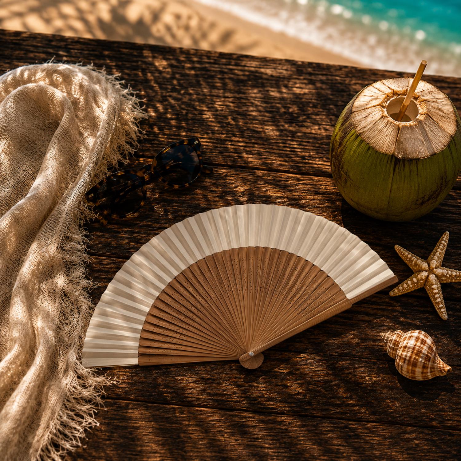 Natural Brown and Ivory Minimalist Folding Hand Fan - Image 3